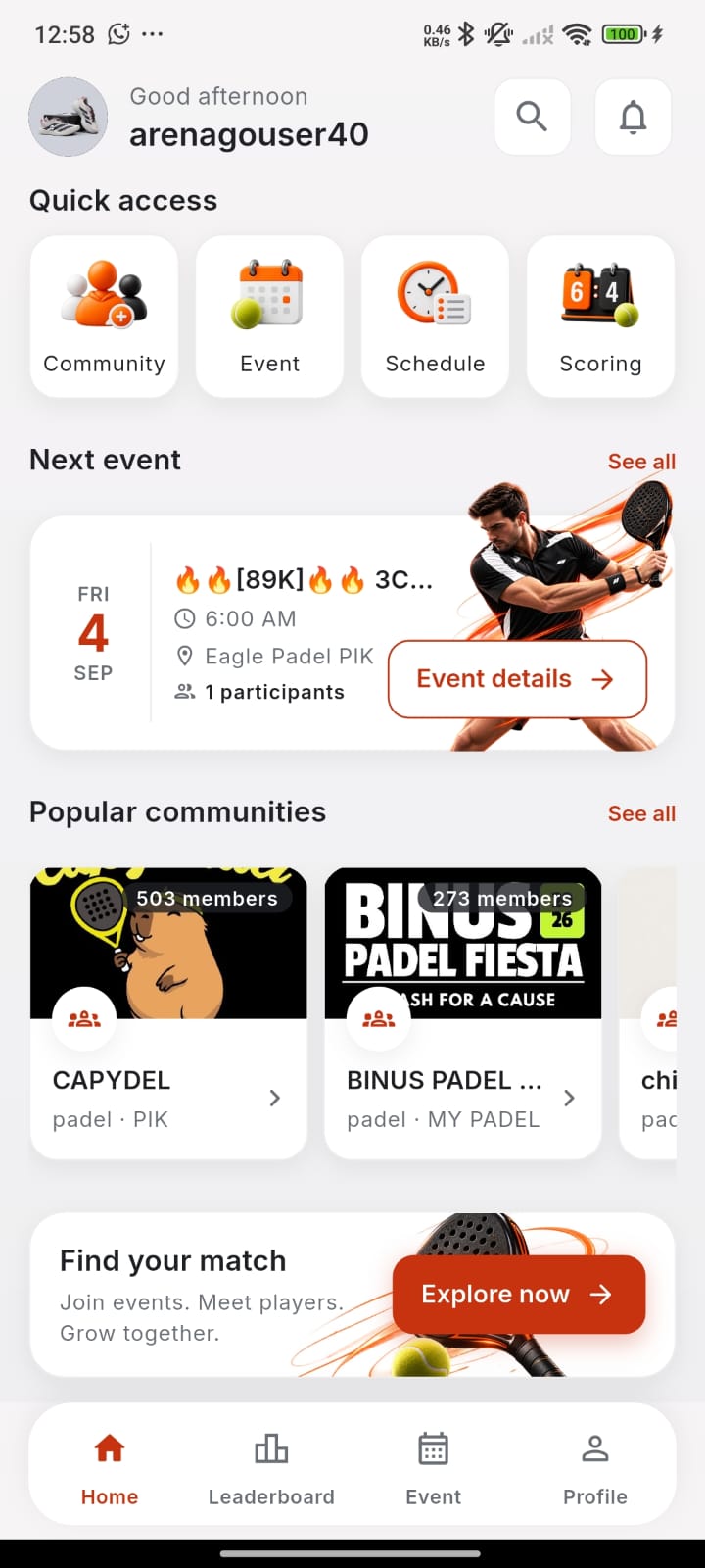 ArenaGo Sport home screen